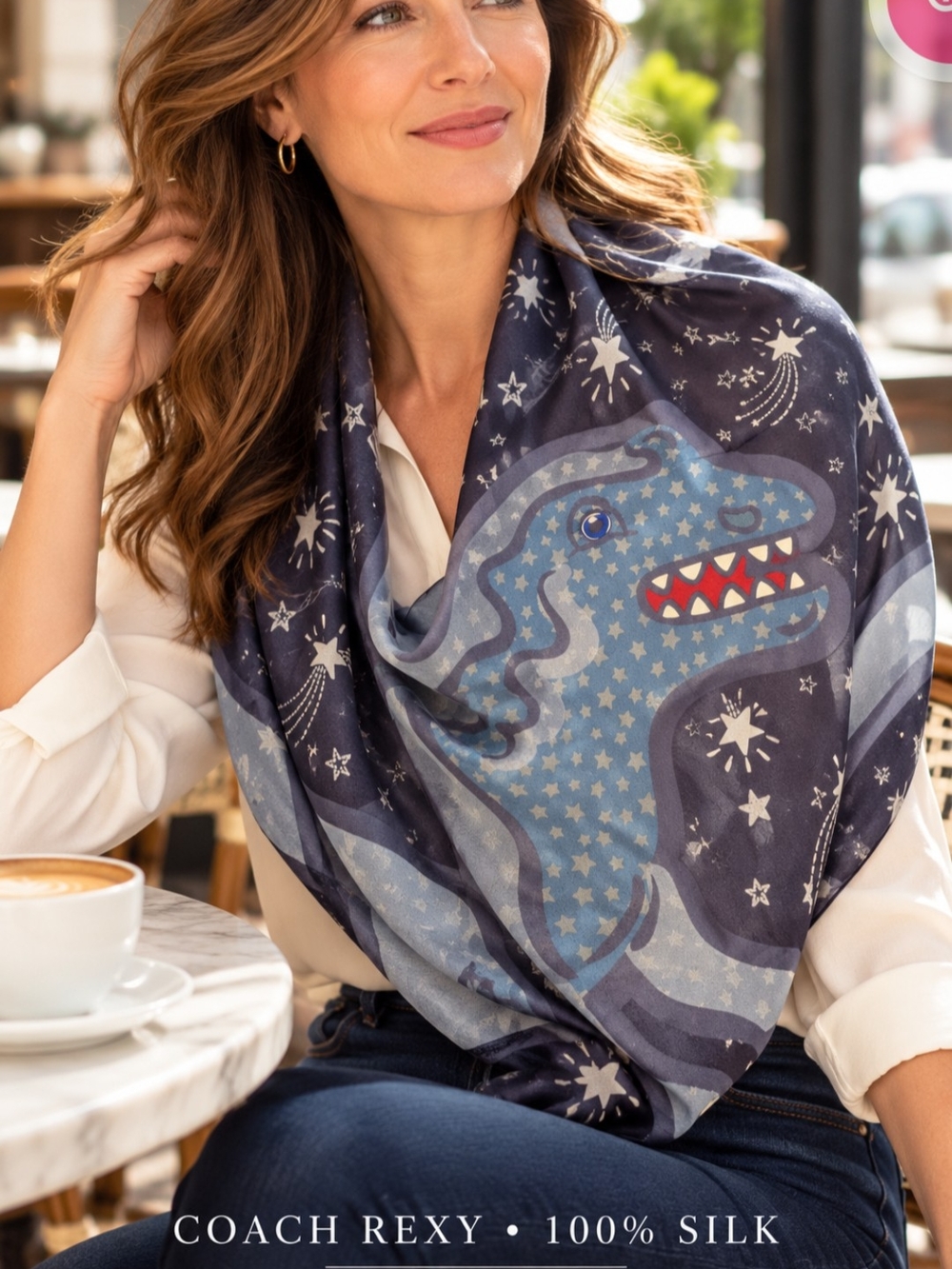 COACH Rexy Star Print Silk Scarf in Navy